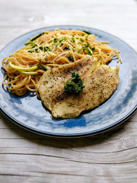 Baked White Fish with Zoodles-N-Noodles - 1-2-3 Eat! - 90/10 Nutrition
