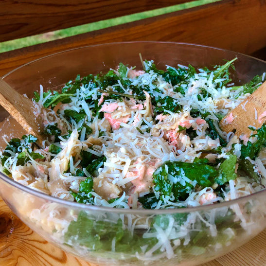 Healthy Salmon-Kale Caesar Pasta Salad